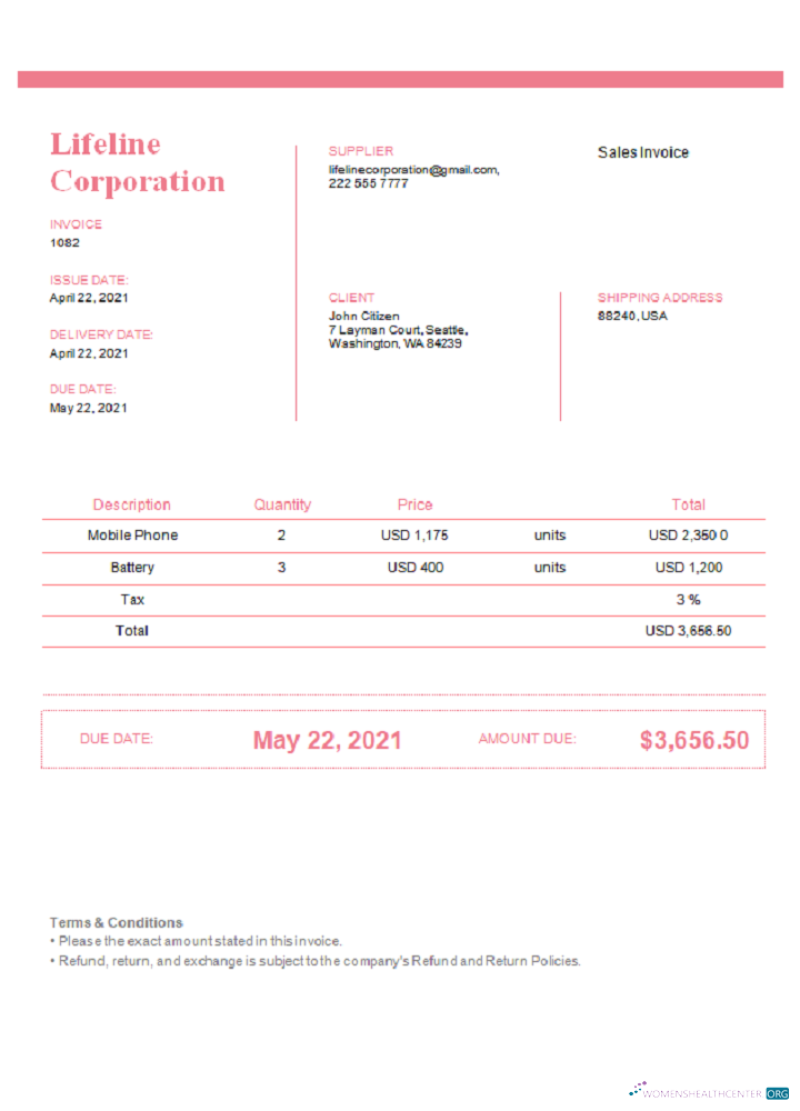 Download USA Lifeline Corporation invoice template in Word and PDF format, fully editable, version 2 Photoshop template